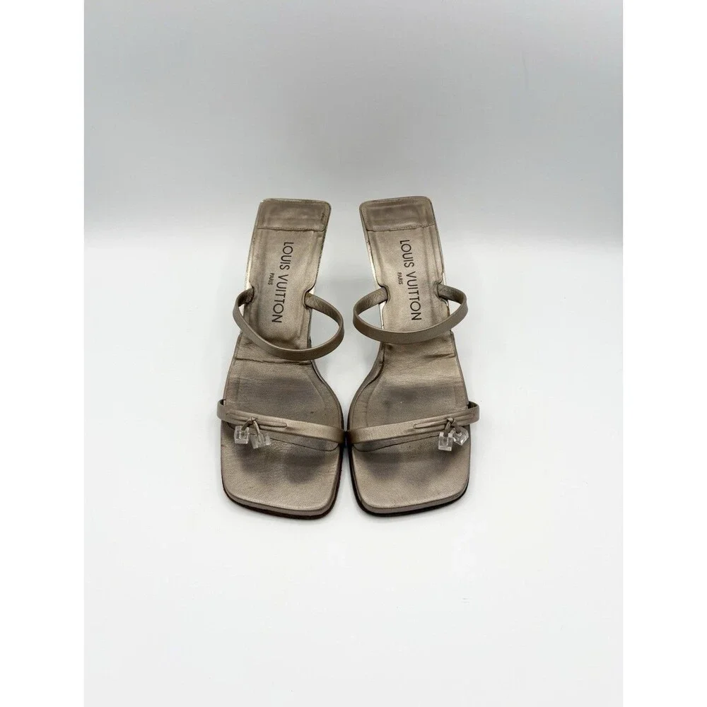 Louis Vuitton Gold Metallic Mule Sandals w/ LV Dice Accent Vintage Size EU 39